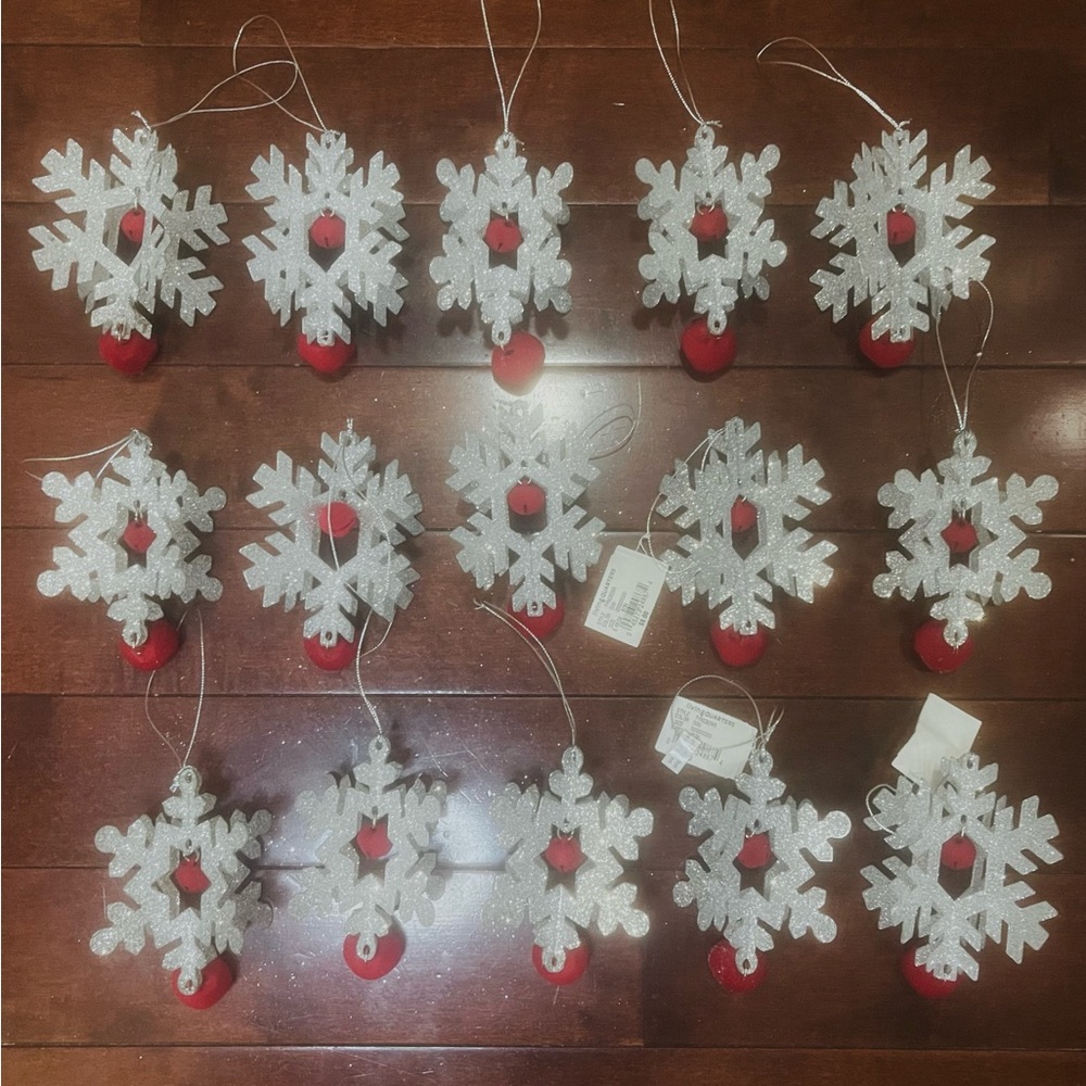 15 Silver Glittery Snowflakes with Red Hanging Bell Christmas Tree Ornaments